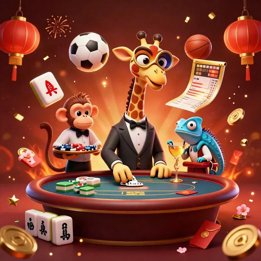 Giraff, apa och kameleont vid pokerbord med bollar, mynt och lyktor i rökigt sken.