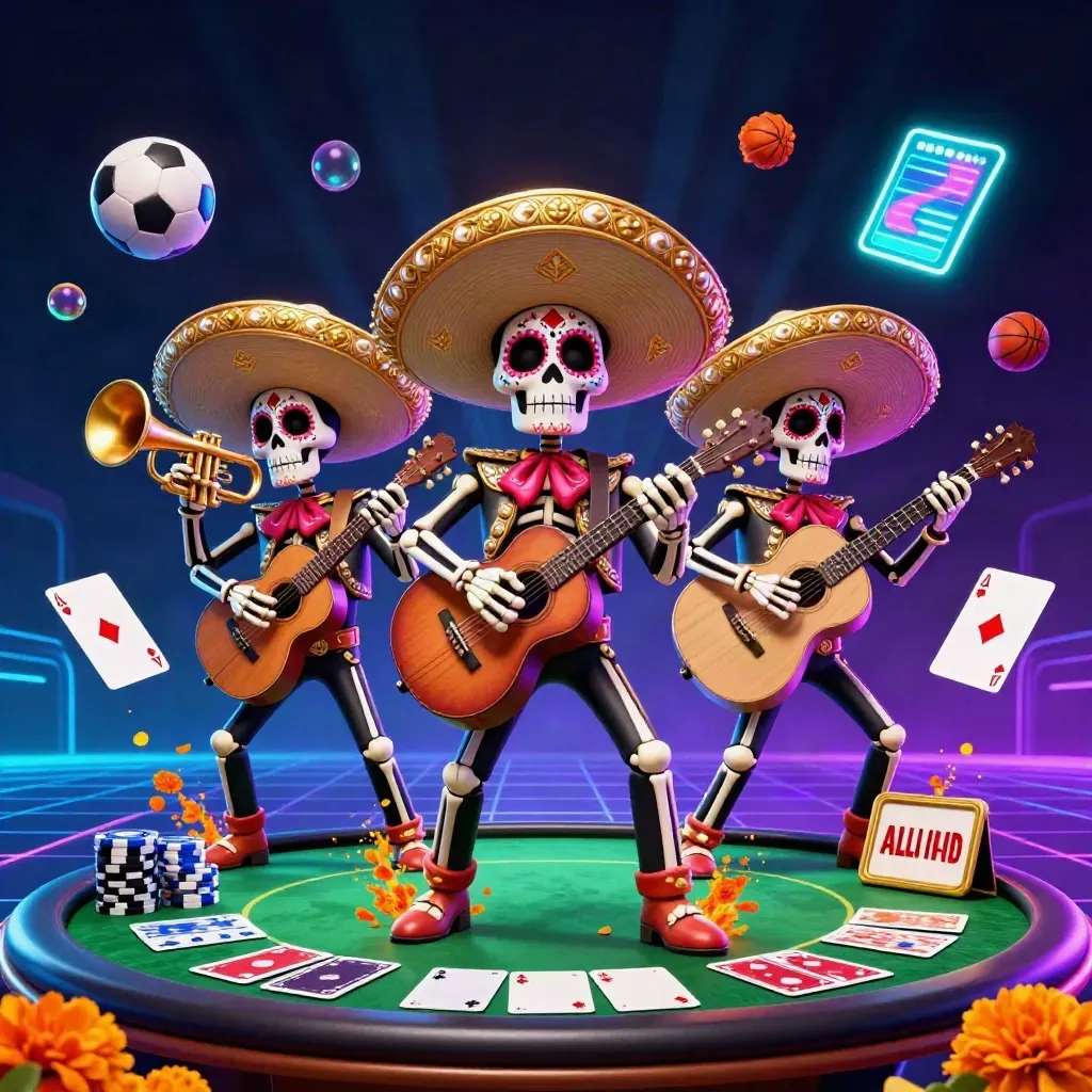 Tre skelettmariachis, pokerchips, boll och neonblå casinoljus i mörk indigo.