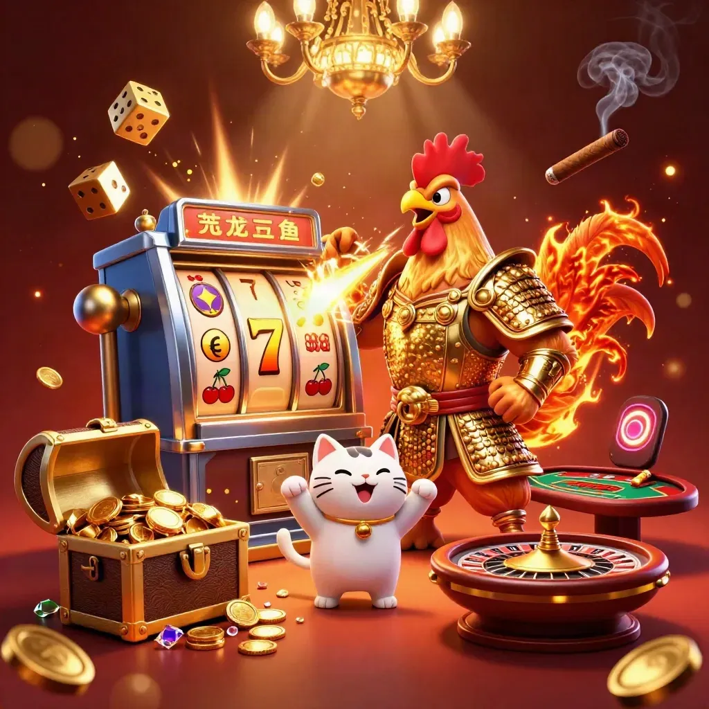 Animerad stridshöna, drakhatchling och lyckokatt i ett glittrigt casinorum med slotmaskin.