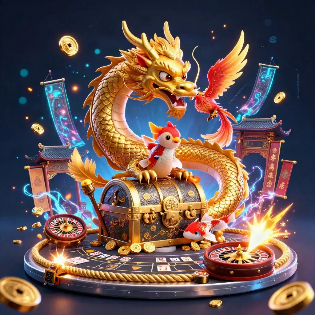 Gyllene drake med fenix och koi i ett lyxigt mörkt casinorum med neonblå effekter.