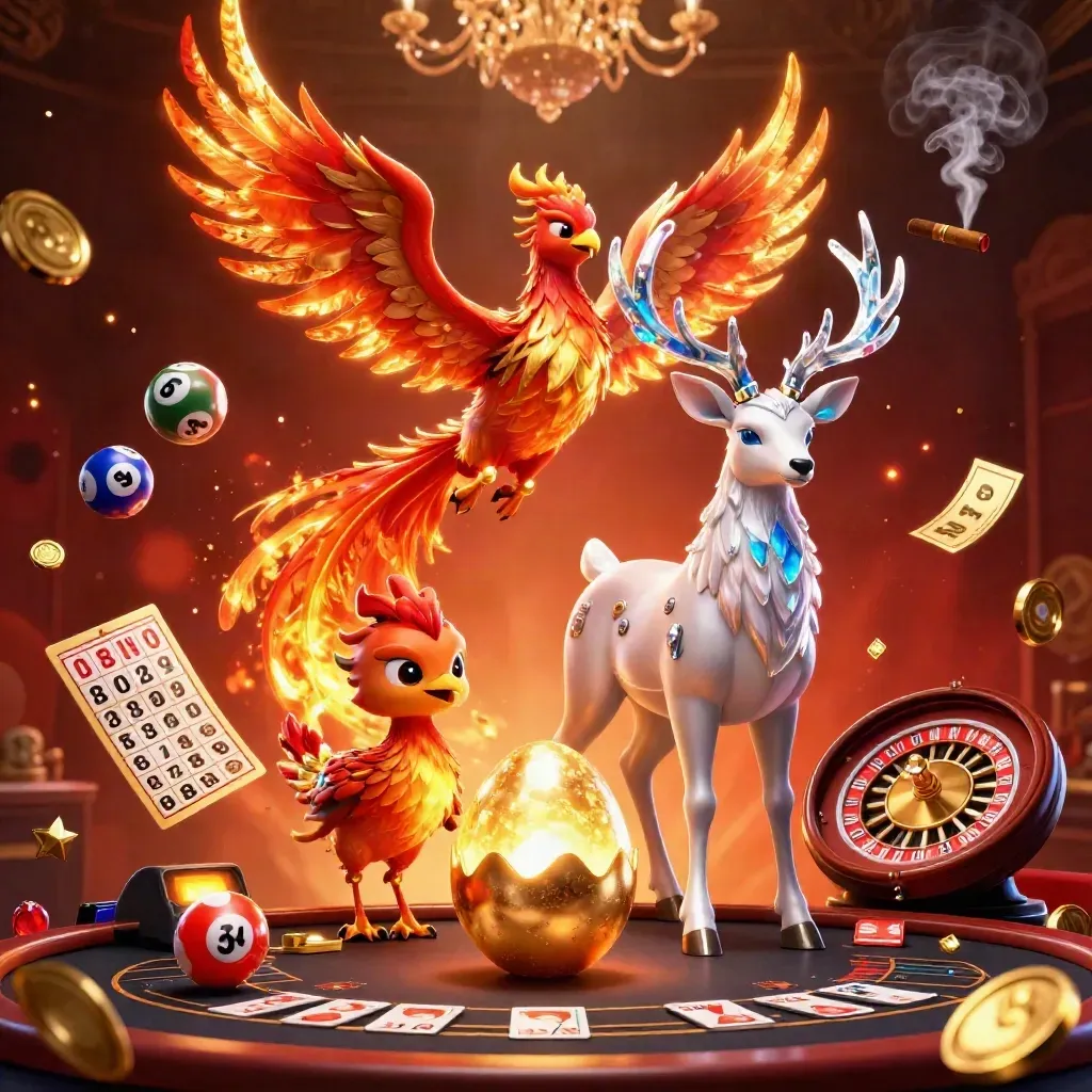Tre fantasidjur i ett lyxigt casinorum med eld, ljus och spelhjul
