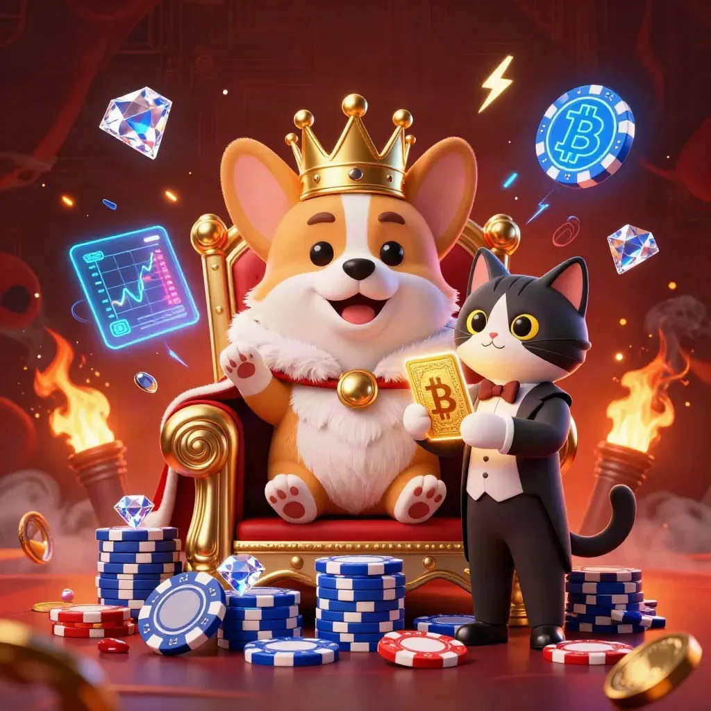 Kronad corgi och kattbutler bland blått myntregn och glödande energier.