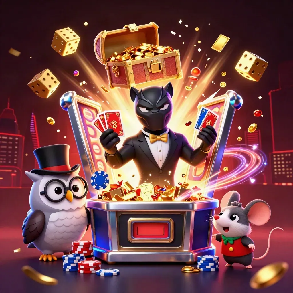 Svart panter, uggla och mus runt en sprängande spelautomat med guld, blått och röda effekter.