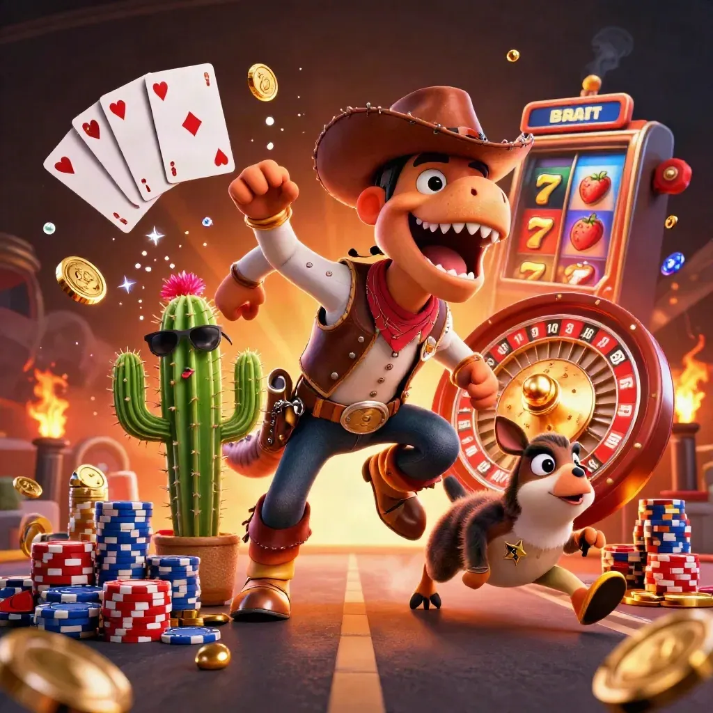 Trefig cowboy-T-Rex med kaktus och road runner bland mynt, juveler och blå casino-glöd