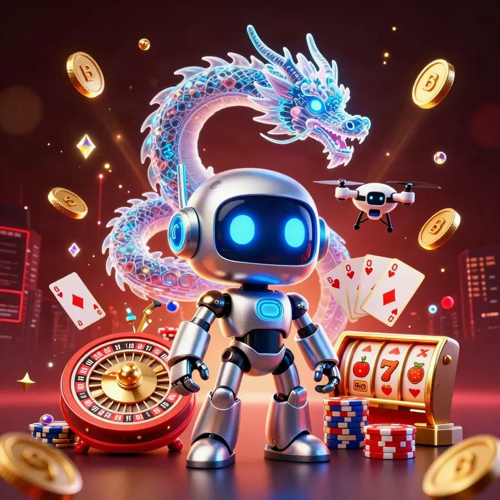 Robot, drake och drönare i blått med spelmynt och kort mot mörk casinobakgrund.