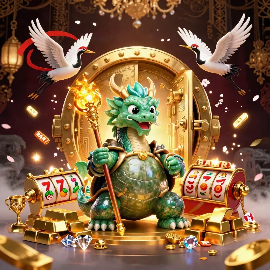 Grön jade-drake, sköldpadda och tranor i en lyxig casinoscen med guld och blått.
