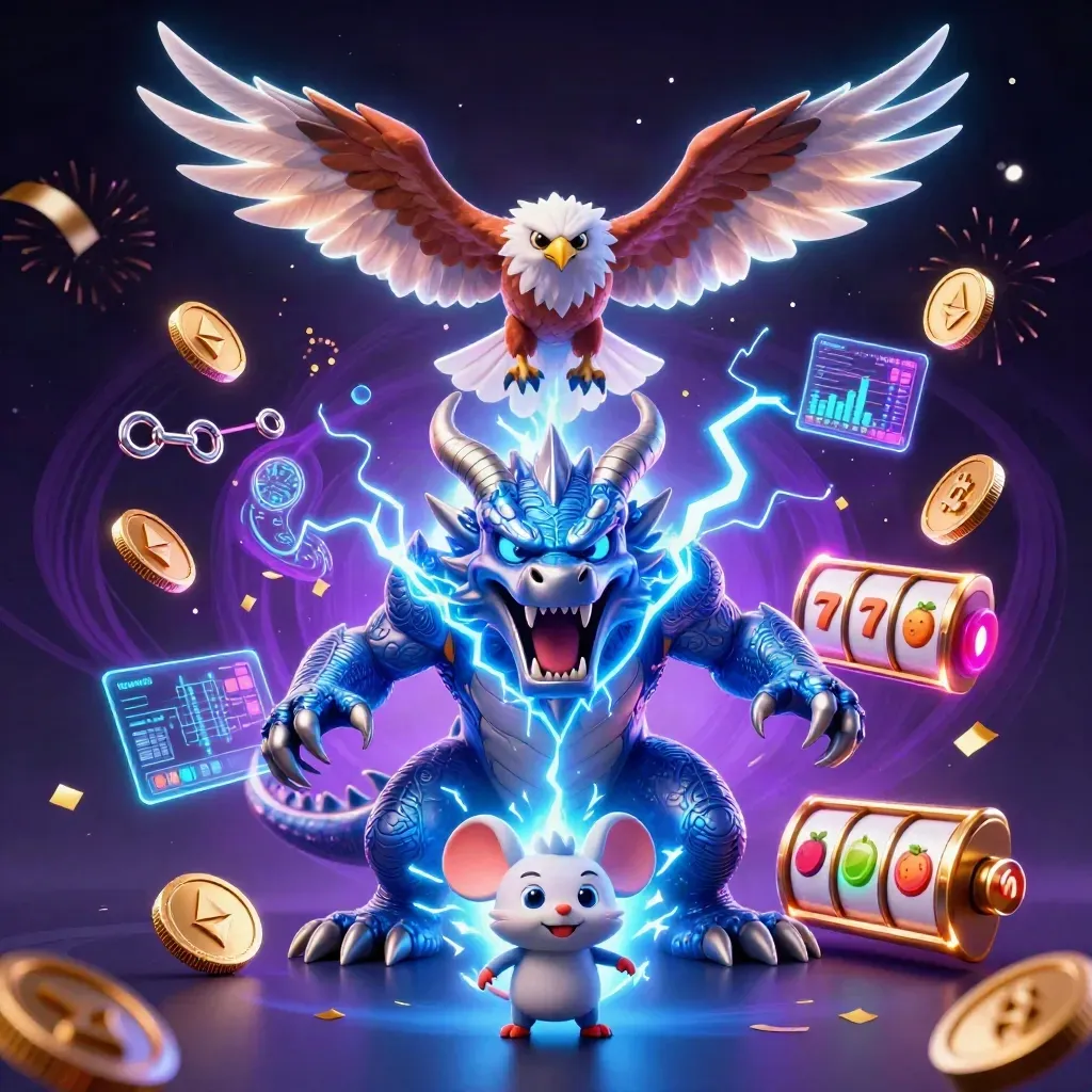 Tre casinodjur i elektriskt blått med mynt, jackpot och ljuseffekter mot mörk lila bakgrund.